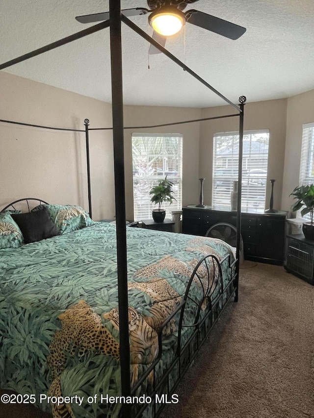 bedroom with ceiling fan, multiple windows, and carpet