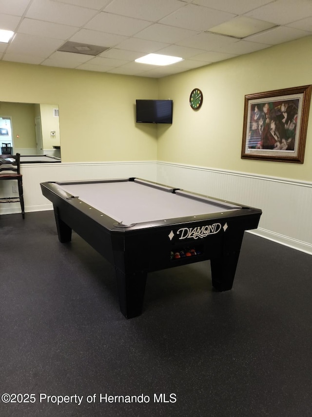 rec room with pool table and a paneled ceiling