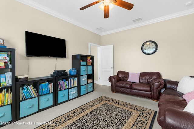 living area featuring carpet floors, visible vents, crown molding, and a ceiling fan