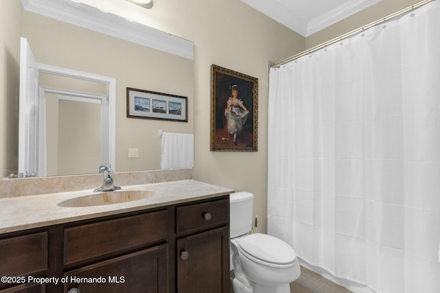 full bathroom with visible vents, vanity, toilet, and crown molding