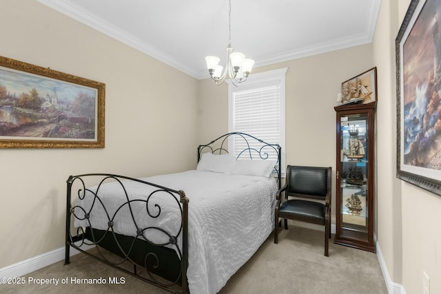 carpeted bedroom with a notable chandelier, baseboards, and crown molding