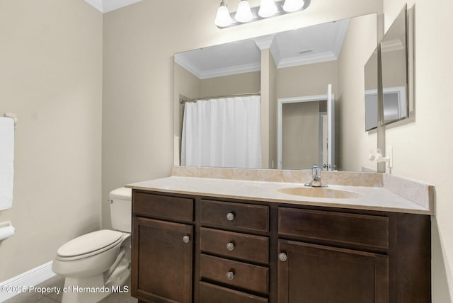 bathroom with toilet, visible vents, vanity, baseboards, and ornamental molding