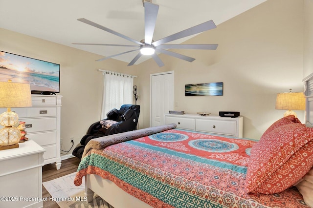 bedroom with ceiling fan, a closet, and hardwood / wood-style flooring