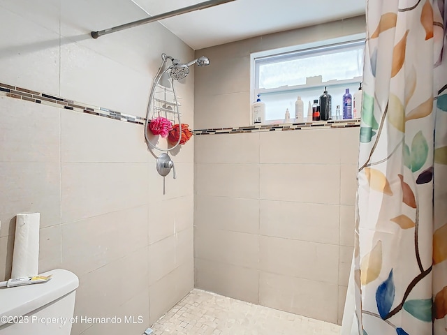 bathroom with a shower with curtain and toilet