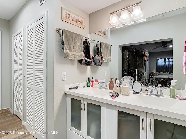 bathroom featuring hardwood / wood-style flooring and vanity