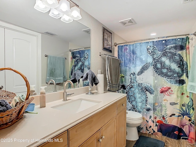 bathroom featuring toilet, vanity, and a shower with shower curtain