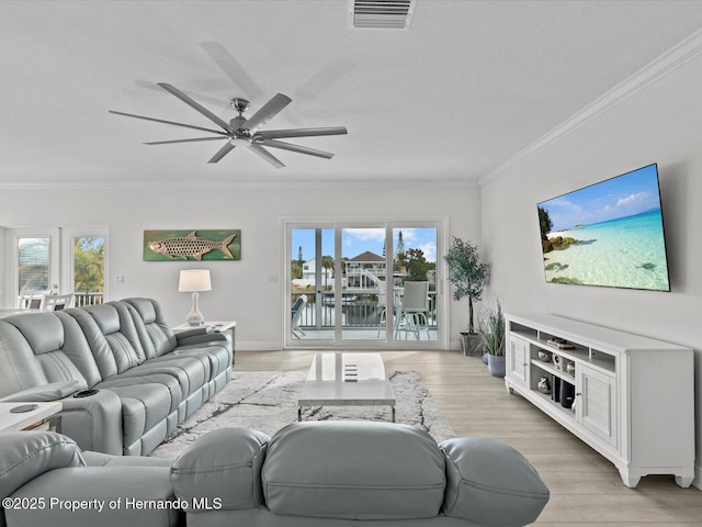 living room with light hardwood / wood-style floors, a wealth of natural light, ornamental molding, and a textured ceiling