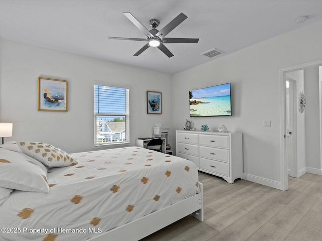 bedroom featuring ceiling fan and light wood-type flooring