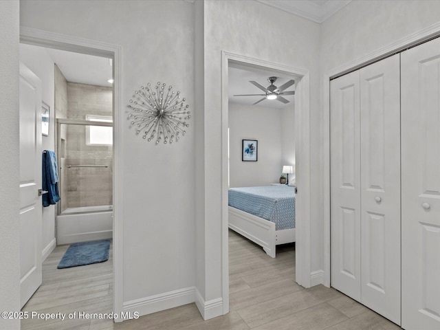 interior space with ceiling fan and a closet