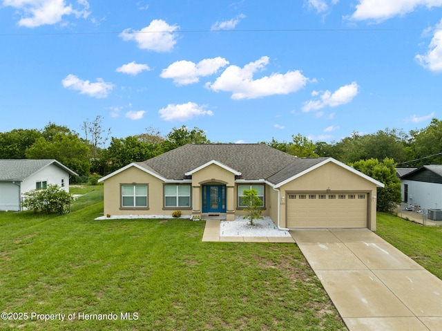 ranch-style house featuring french doors, a front yard, central AC, and a garage