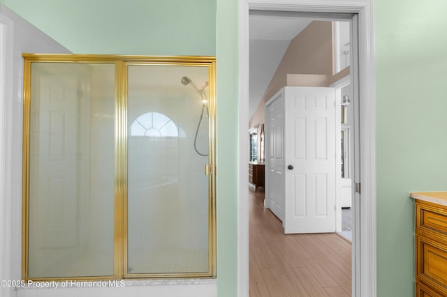 bathroom featuring vanity, hardwood / wood-style floors, and walk in shower