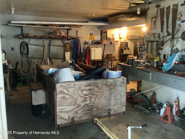 interior space with concrete flooring and a workshop area