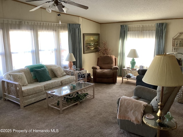 carpeted living room featuring ceiling fan, lofted ceiling, and a textured ceiling