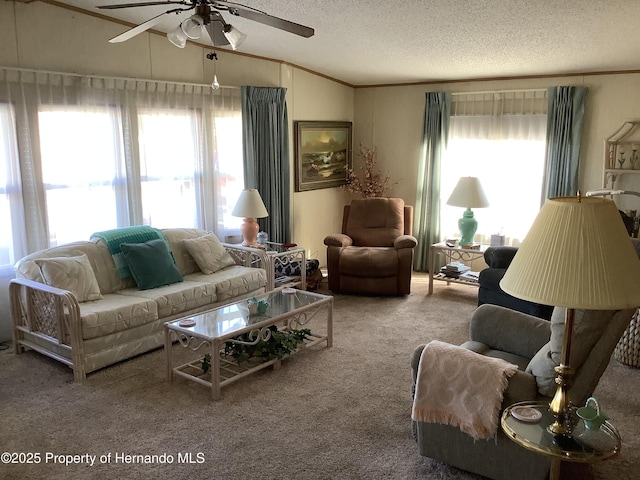 living room with ceiling fan, lofted ceiling, carpet floors, and a textured ceiling