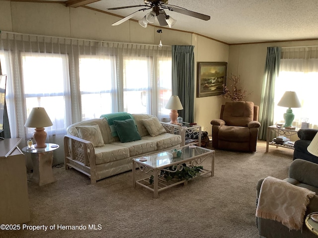 living room featuring ceiling fan, lofted ceiling, carpet floors, and a textured ceiling