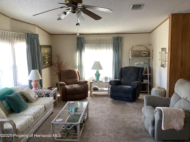 living room with plenty of natural light, carpet flooring, and a textured ceiling