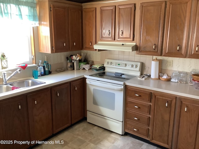 kitchen featuring white electric stove, sink, and backsplash