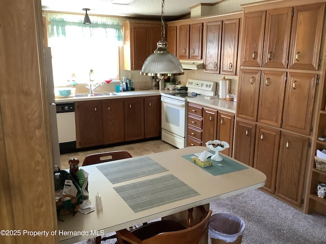 kitchen with electric stove, stainless steel dishwasher, decorative light fixtures, and sink