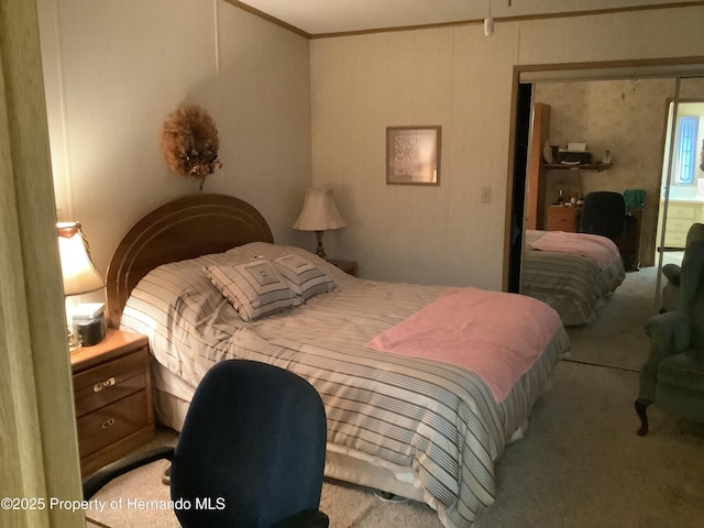 carpeted bedroom featuring crown molding and a closet