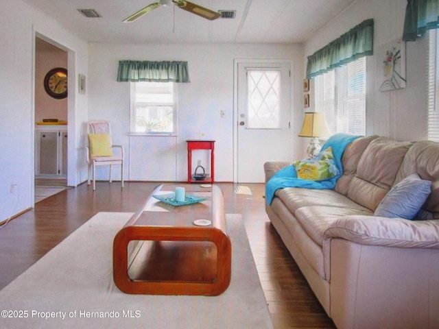 living room featuring ceiling fan and dark hardwood / wood-style floors