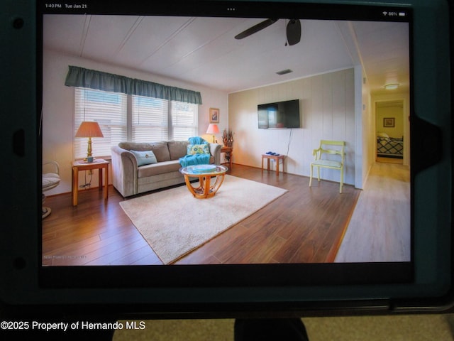 living room with hardwood / wood-style flooring and ceiling fan