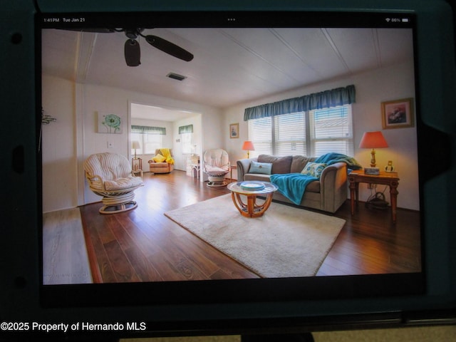 living room with hardwood / wood-style flooring, a wealth of natural light, and ceiling fan