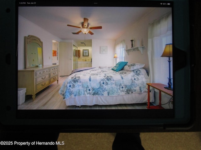 bedroom with ceiling fan and light hardwood / wood-style floors