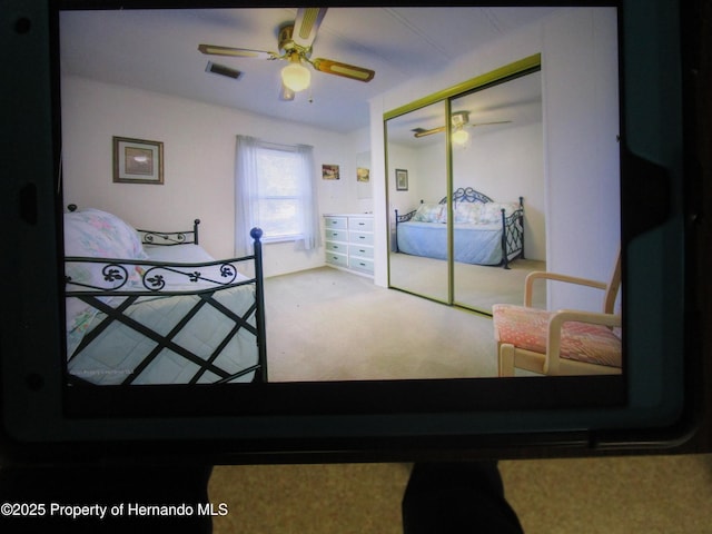 carpeted bedroom with ceiling fan and a closet