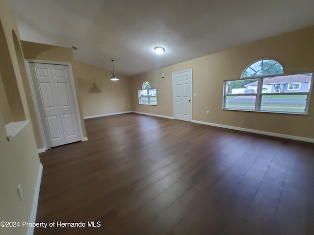 interior space with lofted ceiling, a healthy amount of sunlight, dark hardwood / wood-style flooring, and a textured ceiling