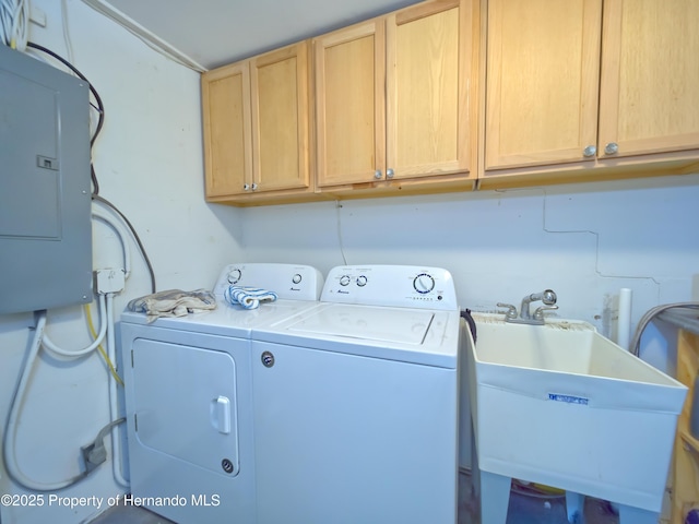 laundry room with sink, separate washer and dryer, electric panel, and cabinets