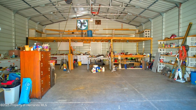 garage with a workshop area