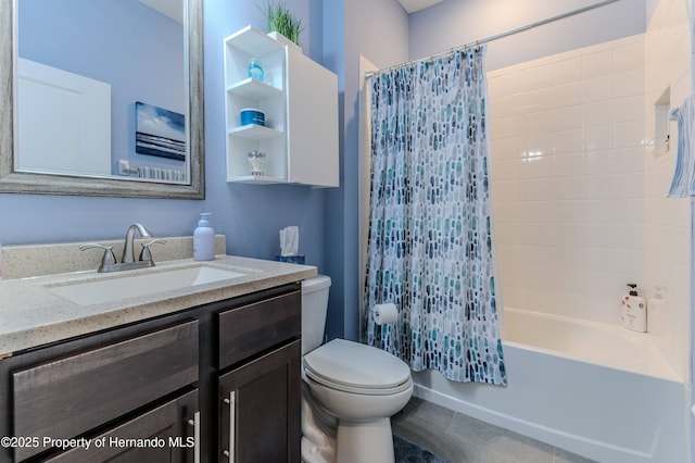 full bathroom with shower / bath combo, vanity, and toilet