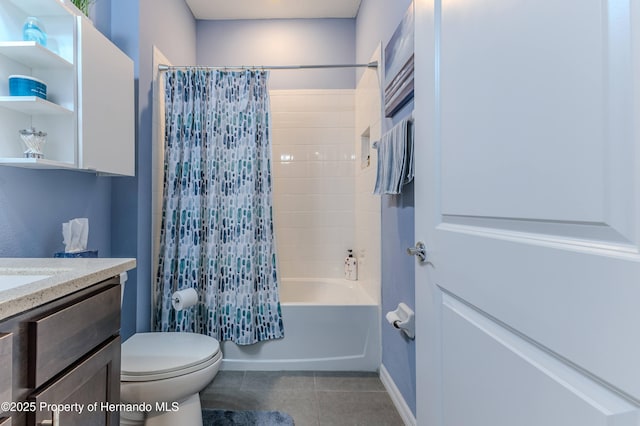 full bathroom with vanity, shower / tub combo with curtain, and toilet