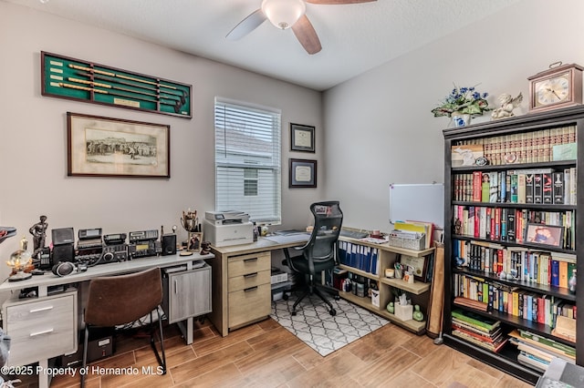 office featuring a textured ceiling and ceiling fan