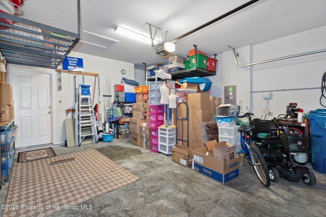 garage with a garage door opener and electric panel