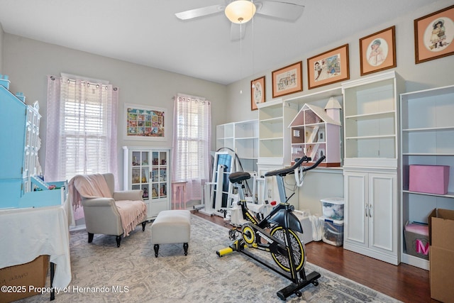 exercise area with ceiling fan and wood-type flooring