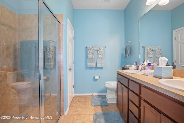 bathroom with tile patterned flooring, walk in shower, vanity, and toilet