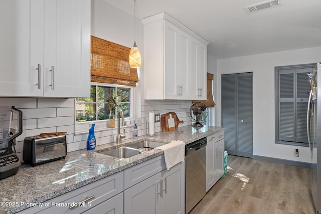 kitchen with sink, appliances with stainless steel finishes, white cabinets, pendant lighting, and backsplash