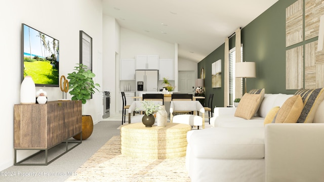 living room featuring lofted ceiling and light colored carpet