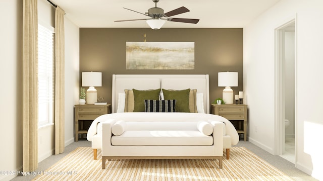 carpeted bedroom featuring multiple windows and ceiling fan