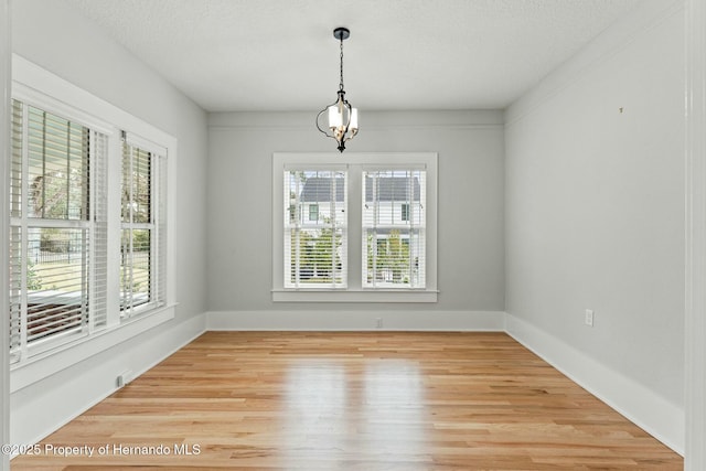 unfurnished dining area featuring a textured ceiling, a healthy amount of sunlight, and light wood-type flooring