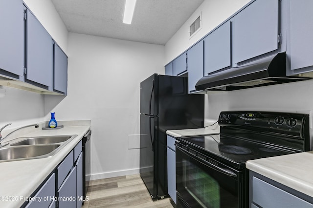 kitchen with blue cabinets, sink, exhaust hood, light hardwood / wood-style floors, and black appliances