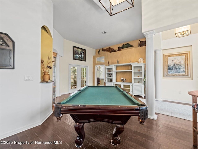 recreation room featuring dark hardwood / wood-style flooring, decorative columns, french doors, and billiards