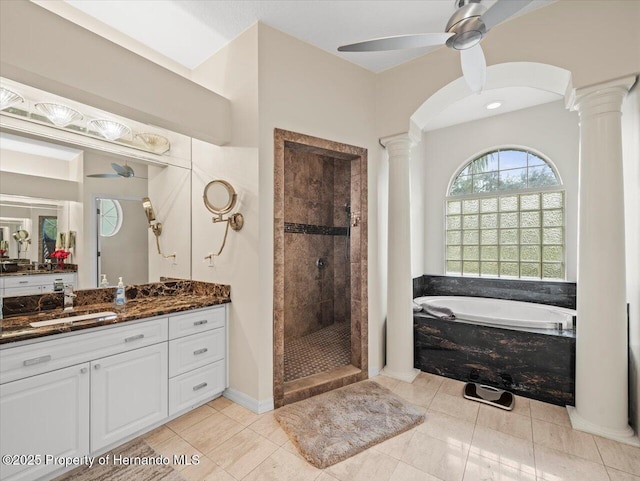 bathroom with ornate columns, vanity, independent shower and bath, and ceiling fan