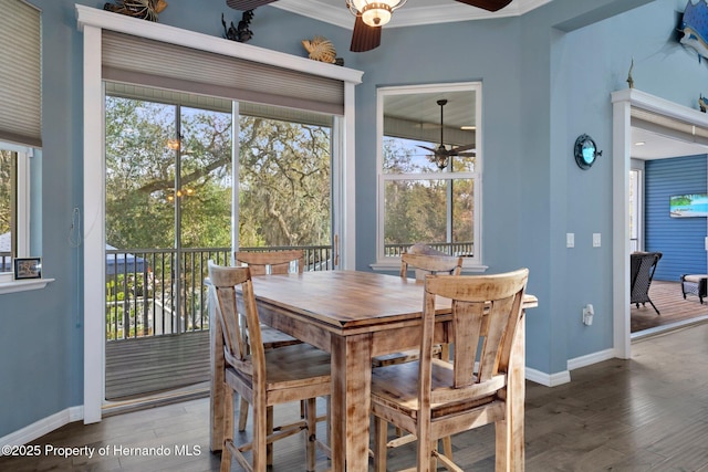 dining room with hardwood / wood-style floors, ornamental molding, and ceiling fan