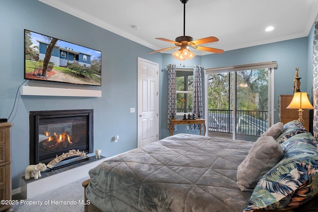 carpeted bedroom with crown molding, access to outside, and ceiling fan