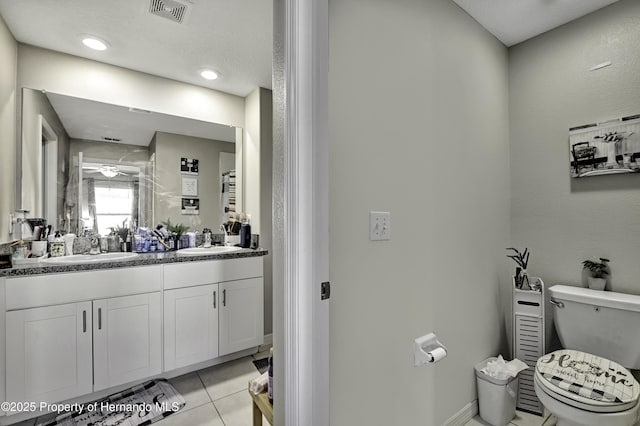 bathroom featuring tile patterned flooring, vanity, toilet, and ceiling fan