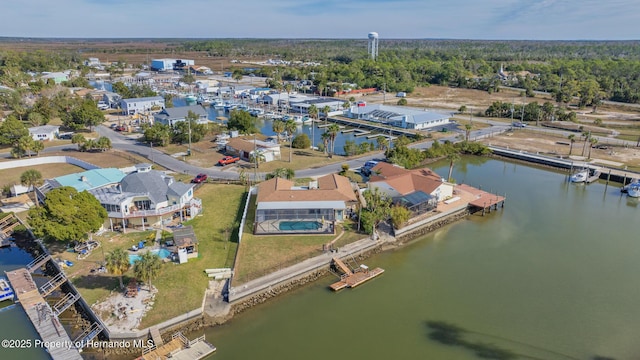 aerial view featuring a water view