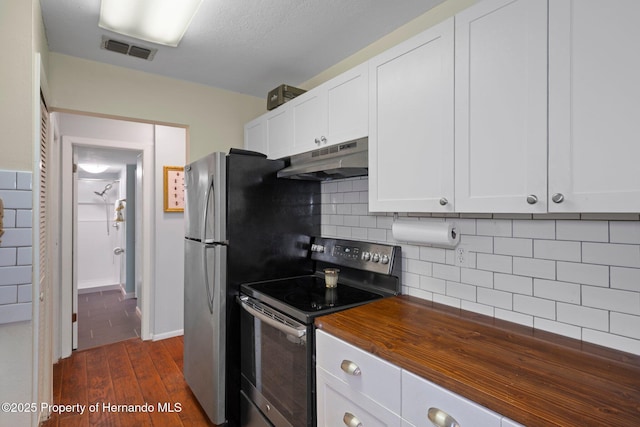 kitchen featuring butcher block countertops, backsplash, dark hardwood / wood-style floors, white cabinets, and stainless steel range with electric cooktop