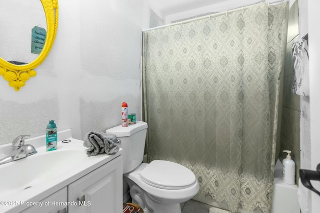 full bathroom with vanity, shower / bathtub combination with curtain, and toilet